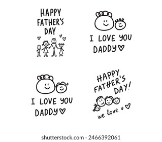 Doodle line Hand written quote Happy Fathers Day. Family smile with kid drawings. Isolated Design concept for banner, greeting card. Vector illustration