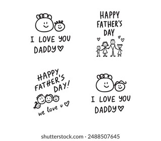 Doodle line Hand written quote Happy Fathers Day. Family smile with kid drawings. Isolated Design concept for banner, greeting card. Vector illustration