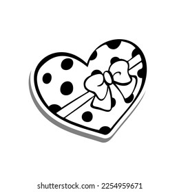 Doodle Line Heart Gift on white silhouette and gray shadow. Vector illustration Valentine Theme for decoration or any design.