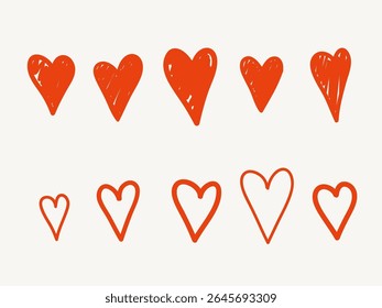 Doodle Line Heart Set. Sketch Red Bold Vibrant Romantic Love Symbol. Wedding and valentine day Greeting card Design Element. Sketch Outline Stroke Imperfect Irregular Heart Sign