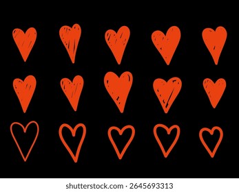 Doodle Line Heart Set. Sketch Red Bold Vibrant Romantic Love Symbol. Wedding and valentine day Greeting card Design Element. Sketch Outline Stroke Imperfect Irregular Heart Sign