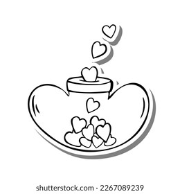 Doodle Line heart shape piggy bank to collect little hearts for love on white silhouette and gray shadow. Vector illustration Valentine Theme for decoration or any design.