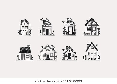 Doodle line house set. Outline tiny country houses with roofs, windows and doors, minimal residential real estate with floral element. Vector collection