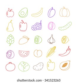 doodle line icon set. fruits and vegetables. vector illustration