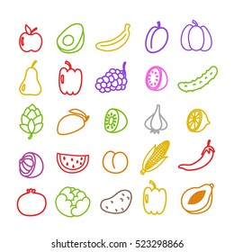 doodle line icon set. fruits and vegetables. vector illustration