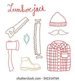 doodle line icon set. lumberjack set. vector illustration