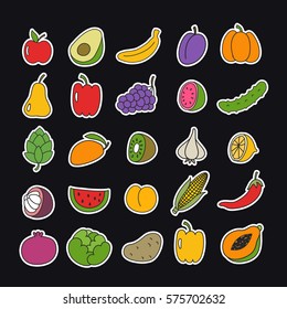 doodle line icon set, stickers. fruits and vegetables. vector illustration