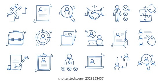 Juego de iconos de línea de Doodle trabajo, búsqueda de trabajo comercial. Esbozo de dibujos a mano estilo búsqueda de empleados, carrera de trabajo empresarial, icono de equipo de personas de la empresa. Entrevista laboral, concepto de persona de equipo. Ilustración del vector