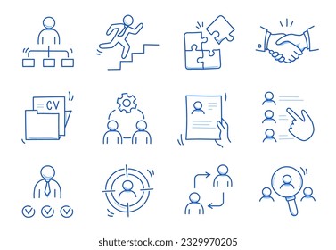 Juego de iconos de línea de Doodle trabajo, búsqueda de trabajo comercial. Esbozo de dibujos a mano estilo búsqueda de empleados, carrera de trabajo empresarial, icono de equipo de personas de la empresa. Entrevista laboral, concepto de persona de equipo. Ilustración del vector