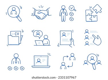 Doodle line icon set work, business job search. Doodle sketch hand drawn style employee search, business work career, company people team icon. Job interview, team person concept. Vector illustration