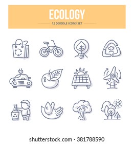 Doodle line icons of ecology, environment protection, green energy efficiency, eco friendly power. Vector illustration concepts