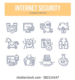 Doodle line icons of internet security, data protection, secure data exchange, safety data on web. Vector illustration concepts