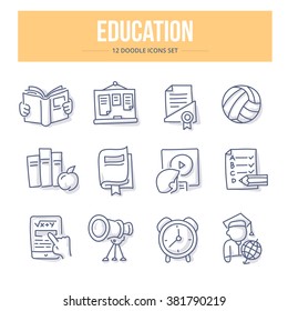 Doodle line icons of school education, training process and study. Vector illustration concepts