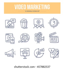 Doodle line icons of video marketing and production. Movie vector icons set