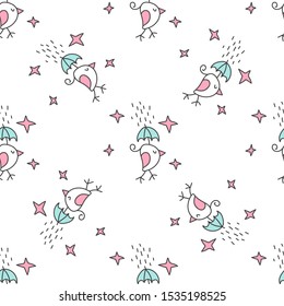 Doodle line kids seamless pattern. Birds with umbrella and stars in pastel colors. Children's vector pattern. Use for wallpaper, packaging, background and textile.