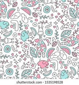 Doodle line kids seamless pattern. Animals and plants in pastel colors.