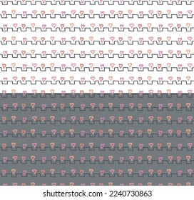 Doodle line, love seamless pattern. Hand drawn scribble ink brush stroke ornament. Pink color heart shapes. Transparent background. Vector illustration