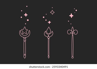 Doodle line magic wands, set of hand drawn fairy illustrations