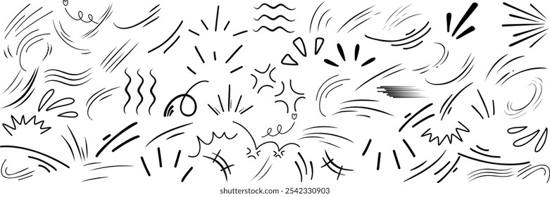 Doodle line movement elements featuring abstract lines, swirls, and sketch strokes. Perfect for dynamic backgrounds, illustrations, and comic effects. Great for emphasizing motion, energy direction