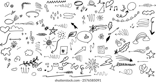Doodle line movement elements featuring abstract lines, swirls, and sketch strokes. 