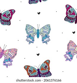 Doodle line pink purple multicolored butterflies with black hearts pattern cute seamless for kids.