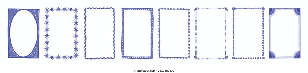 Doodle line scribble frame set, cute minimal wavy border, hand drawn crayon texture decoration kit. Holiday marine aesthetic blue chalk design element, grunge pencil stroke effect. Doodle frame print