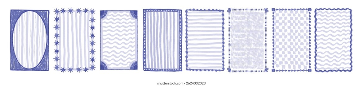 Doodle line scribble frame set, minimal hand drawn wavy border, cute crayon texture decoration kit. Holiday marine aesthetic blue chalk design element, grunge pencil stroke effect. Doodle frame print