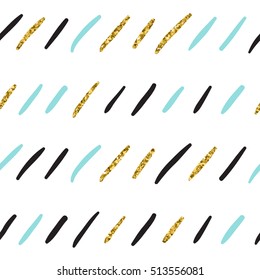 Doodle line seamless background. Black, blue and gold lines. Abstract lines seamless pattern for card, invitation, poster, banner, placard, diary, album, sketch book cover etc. Golden glitter texture.