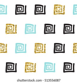 Doodle line seamless background. Black, blue and gold lines. Abstract line seamless pattern for card, invitation, poster, banner, placard, diary, album, sketch book cover etc. Golden glitter texture. 