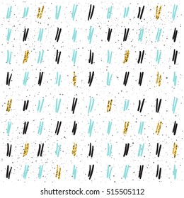 Doodle line seamless background. Black, blue and gold lines. Abstract lines seamless pattern for card, invitation, poster, banner, placard, diary, album, sketch book cover etc. Golden glitter texture.
