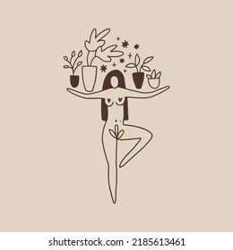 Doodle line silhouette of beautiful young witchy woman with home plants or herbs. Crazy plant lady green witch gardening concept. Good for eco shopper bag, T-shirt and more. Vector illustration.
