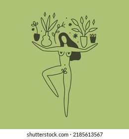 Doodle line silhouette of beautiful young witchy woman with home plants or herbs. Crazy plant lady green witch gardening concept. Good for eco shopper bag, T-shirt and more. Vector illustration.