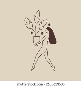 Doodle line silhouette of beautiful young witchy woman with home plants or herbs. Crazy plant lady green witch gardening concept. Good for eco shopper bag, T-shirt and more. Vector illustration.
