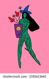Doodle line silhouette of beautiful young witchy woman with home plants or herbs. Crazy plant lady green witch gardening concept. Good for eco shopper bag, T-shirt and more. Vector illustration.