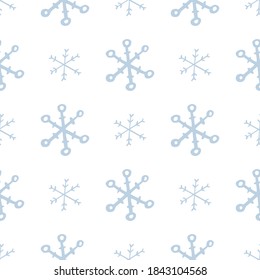 Doodle line snowflake sketch white seamless pattern for nursery. Cartoon vector illustration. Cute graphic background. Print for kids. Scandinavian design for little baby room.