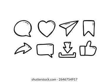 Doodle line Social media icon vector set include Thumbs up, repost, share, like, comment, love, download, bookmark or save, and direct message. Vector on isolated white background