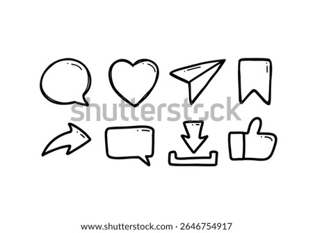 Doodle line Social media icon vector set include Thumbs up, repost, share, like, comment, love, download, bookmark or save, and direct message. Vector on isolated white background