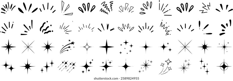 Doodle line sparkle vector set, hand drawn shining stars, comic burst elements, and decorative glowing sparkling star highlight. Cartoon explosion, dynamic light flash, twinkle star, firework effect