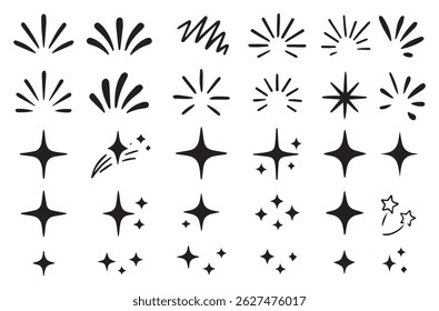 Juego de Vectores brillantes de línea Doodle, estrellas brillantes dibujadas a mano, Elementos de explosión cómicos, brillantes brillantes
