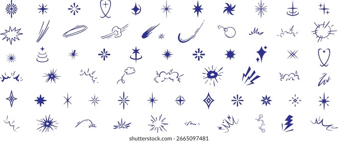Doodle line sparkle vector set, hand drawn shining stars, comic burst elements, and decorative glowing sparkling star highlight.