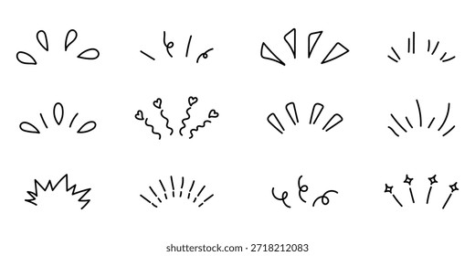 Juego de Vectores Doodle Line Sparkle, líneas decorativas de estilo cómico, efectos de ráfaga y patrones radiales dinámicos. Marco de línea sorpresa pop dibujado a mano para la ilustración del título. Doodle brillo y rayos.