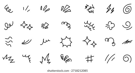 Juego de Vectores Doodle Line Sparkle, líneas decorativas de estilo cómico, efectos de ráfaga y patrones radiales dinámicos. Marco de línea sorpresa pop dibujado a mano para la ilustración del título. Doodle brillo y rayos.