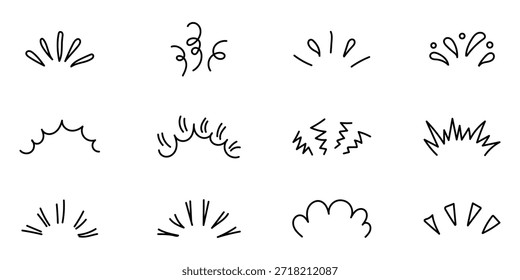 Juego de Vectores Doodle Line Sparkle, líneas decorativas de estilo cómico, efectos de ráfaga y patrones radiales dinámicos. Marco de línea sorpresa pop dibujado a mano para la ilustración del título. Doodle brillo y rayos.