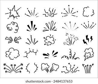 Doodle line sparkles and rays. Explosion with radial lines, idea, surprise and exclamation icons in comic cartoon manga style. Sunburst shine sparkle vector isolated set.