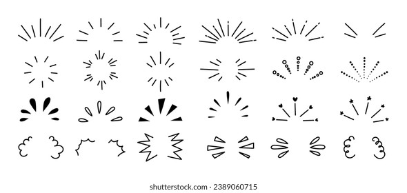 La línea de doodle brilla y rayas. Confeti de líneas de explosión dibujadas a mano, explosión de sol, elementos de sorpresa de efecto decorativo. Esbozar cómic celebrando salpicaduras y signos. Conjunto de vectores. Chispas de luz solar, explosión