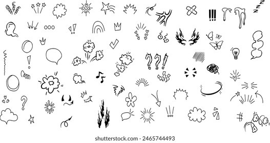 Doodle line sparkles and rays. Hand drawn explosion lines confetti, sun burst, decorative effect surprise elements. Sketch comic celebrating splash and sign. Vector	