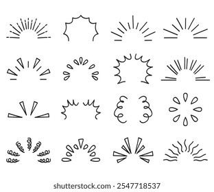 Cintilações e raios de linha de doodle. Desenho de mão linhas de explosão confete, explosão do sol, elementos de surpresa efeito decorativo. Esboço cômico celebrando salpicos e sinal. Conjunto de vetores