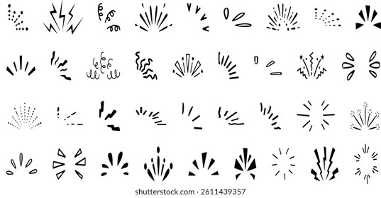 Doodle line sparkles and rays. Hand drawn explosion lines confetti, sun burst, decorative effect surprise elements.