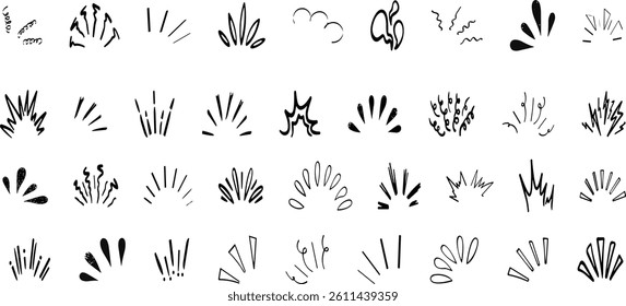 Doodle line sparkles and rays. Hand drawn explosion lines confetti, sun burst, decorative effect surprise elements.