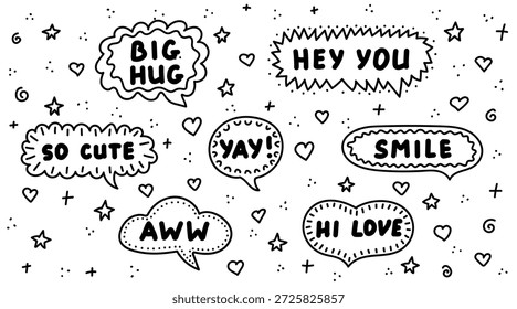 Fazer doodle borbulhas de fala de linha com mensagens positivas e corações. Ilustração de vetor desenhada à mão bonito para design de cartão e adesivo. Ilustração vetorial